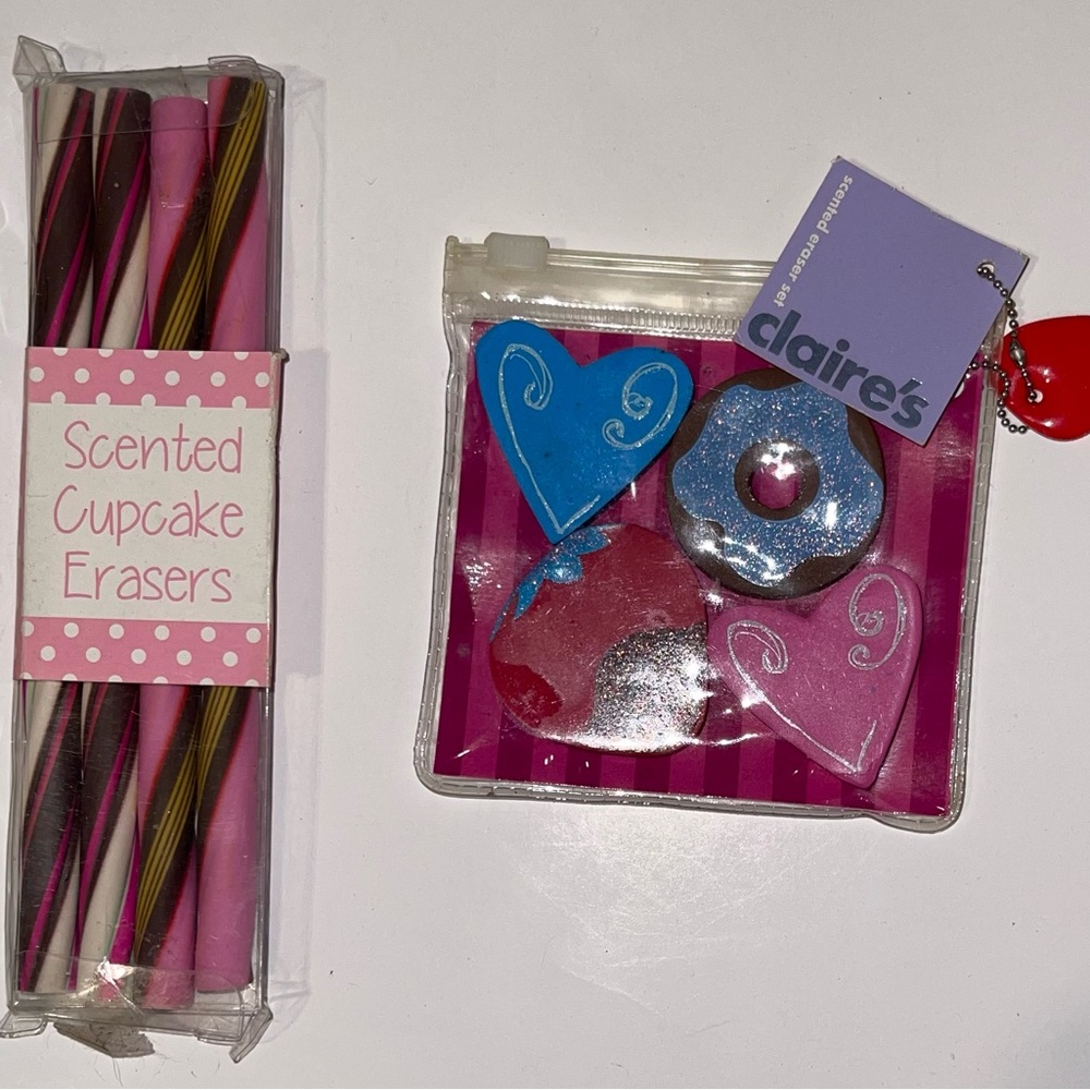 Cupcake Scented Erasers, & 4 Pack Claire’s Donut & Heart Erasers